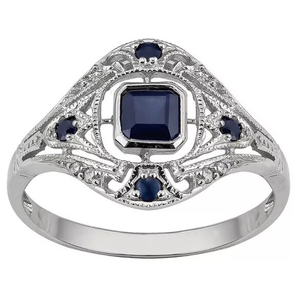 New Womens Blue Sapphire & Diamond CZ Ring Sz 10 - Picture 1 of 4